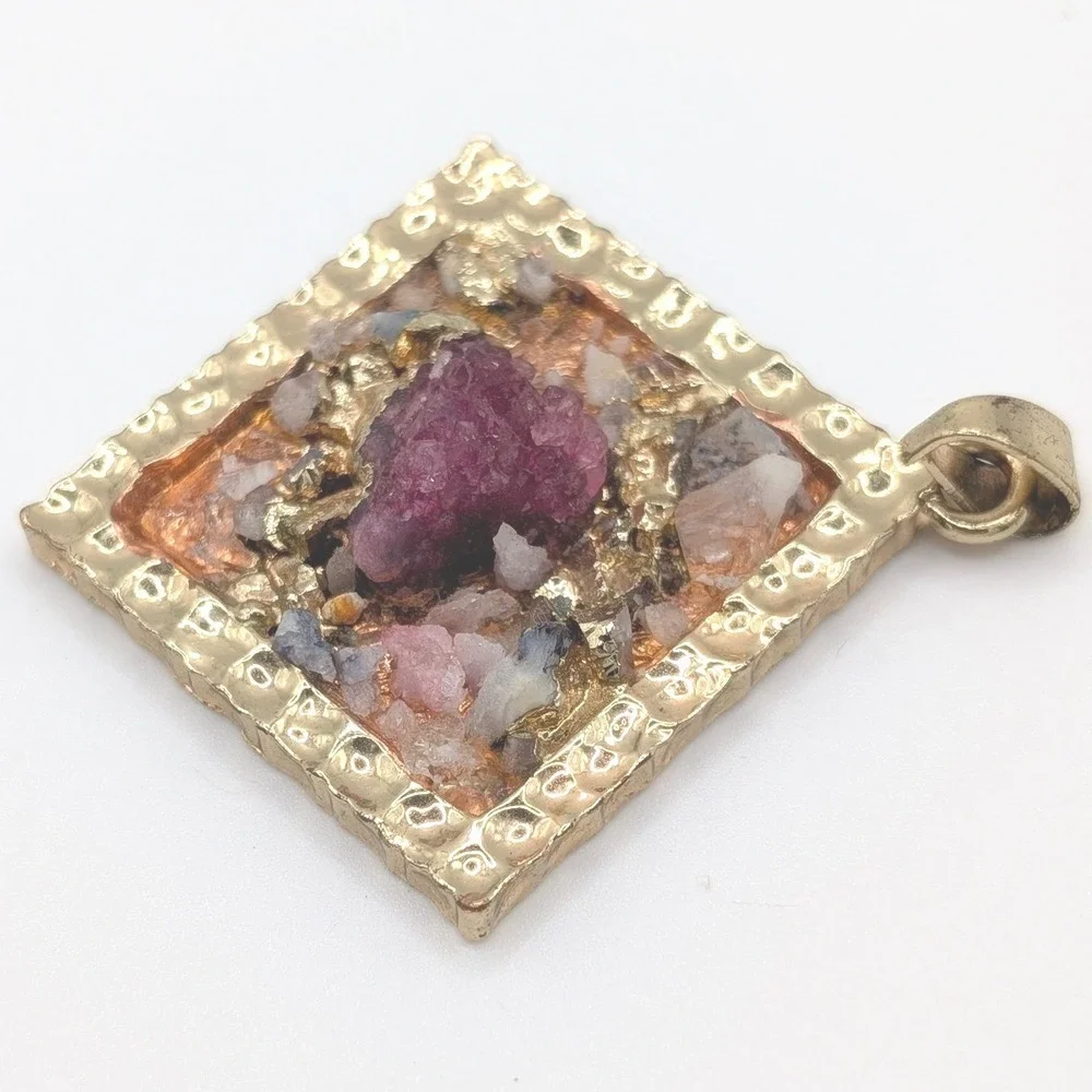 Gold Tone Square Raw Stone Cluster Pendant Magenta Quartz Bohemian Jewelry